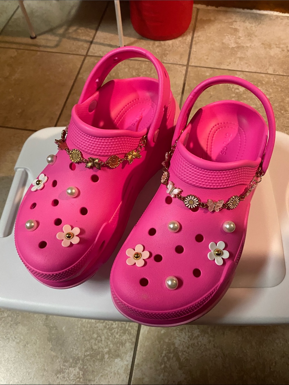 CROCS Kids Hot Pink Clog Sandals with Floral and Pearl Charms